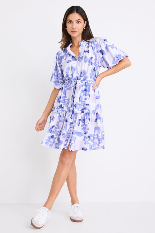 model wears a blue and white floral mini dress