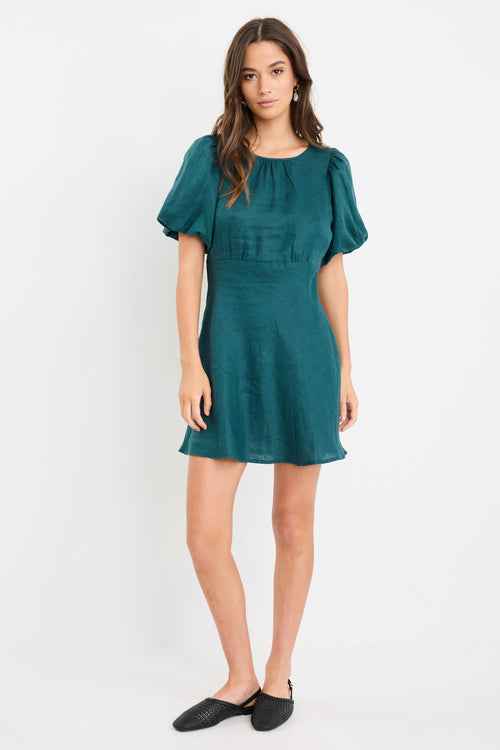 Shop Delphine Forest Linen Puff Sleeve Mini Dress | Flo & Frankie Shop Delphine Forest Linen Puff Sleeve Mini Dress | Flo & Frankie