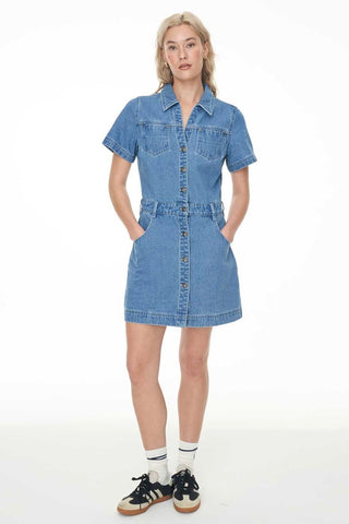 model wears a Denim Blue Mini Dress