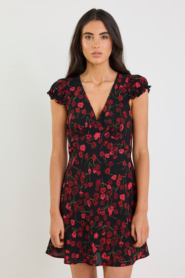 Derry Black Poppy Print Lightweight Cap Sleeve V Neck Mini Dress
