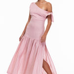 model wears a pink one shoulder maxi dress