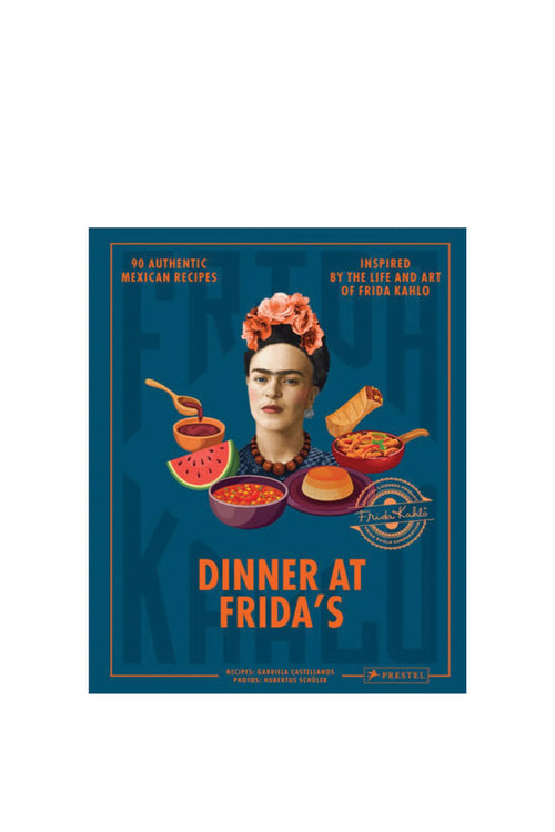 Book cover of 'Dinner at Frida's' with a stylized illustration of a woman with a flower in her hair and various food items.