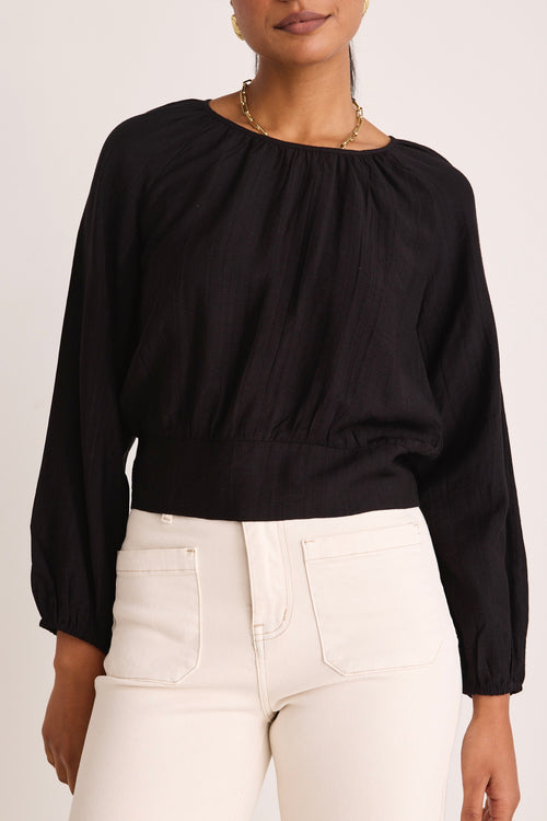 Model wears a black blouse 