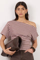 Distant Blush and Mocha Stripe Cotton Blend Off Shoulder Tee