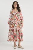Woman wearing a floral dress on a white background