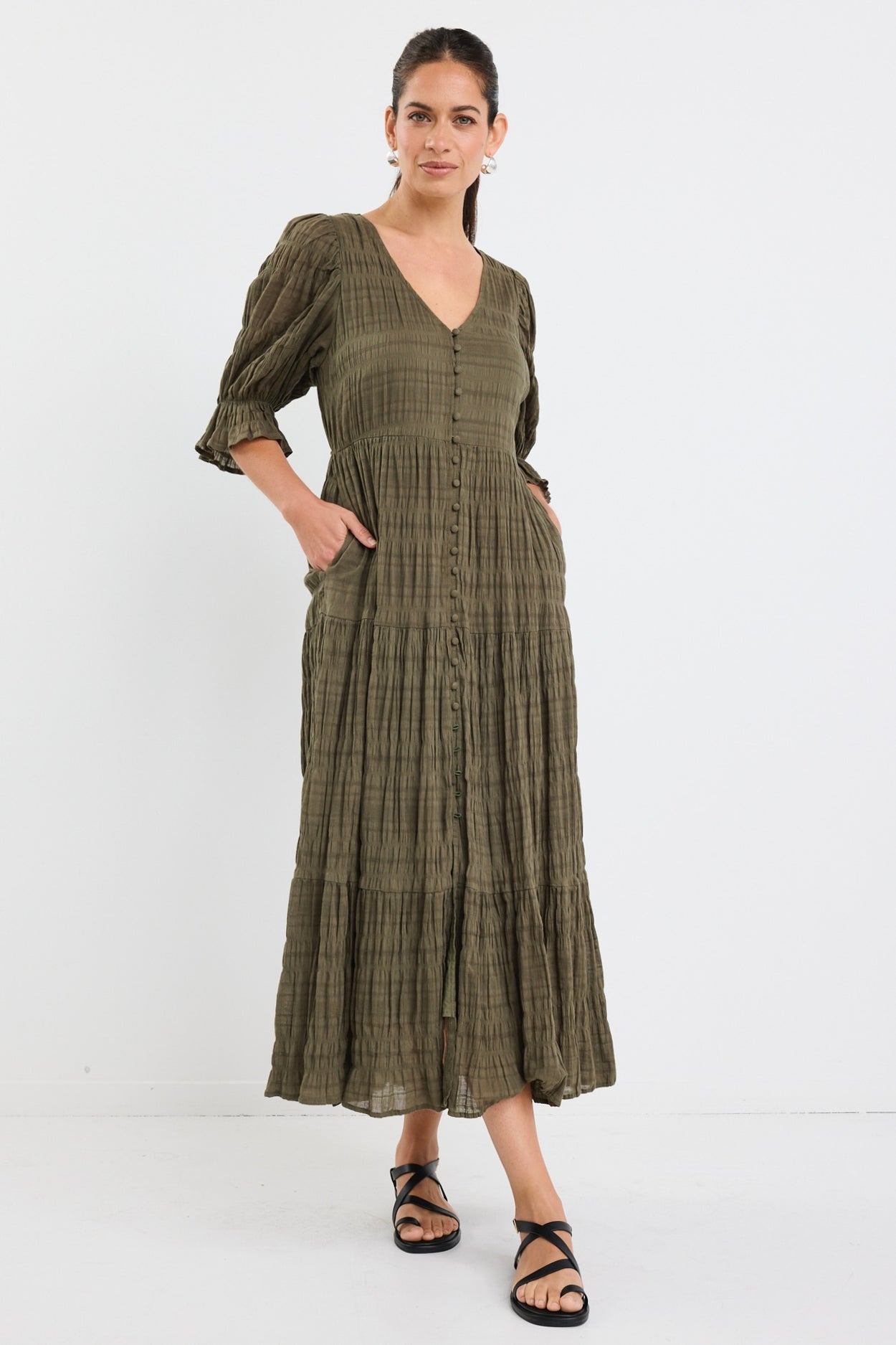 Striped Mini Bubble Shirt Dress - Khaki
