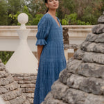 model wears a blue midi dress