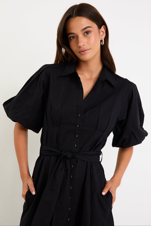 Shop Dusk Black Puff Short Sleeve Collared Maxi Dress | Flo & Frankie Shop Dusk Black Puff Short Sleeve Collared Maxi Dress | Flo & Frankie