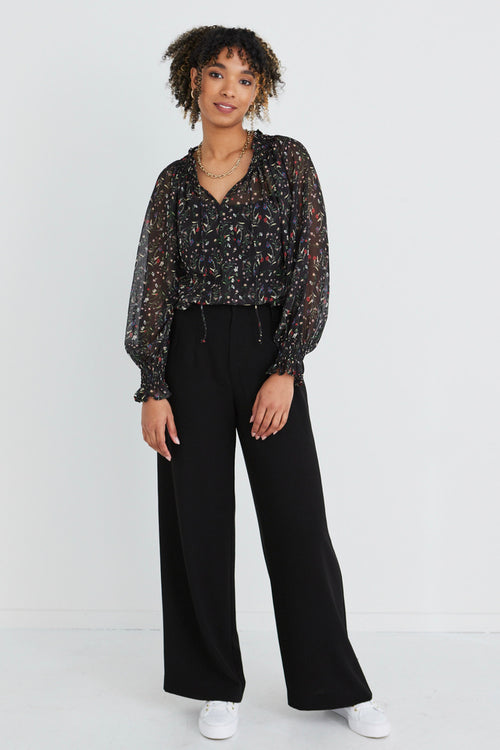 Jade Black Meadow Floral Shirred Ls Blouse WW Top Ivy + Jack   