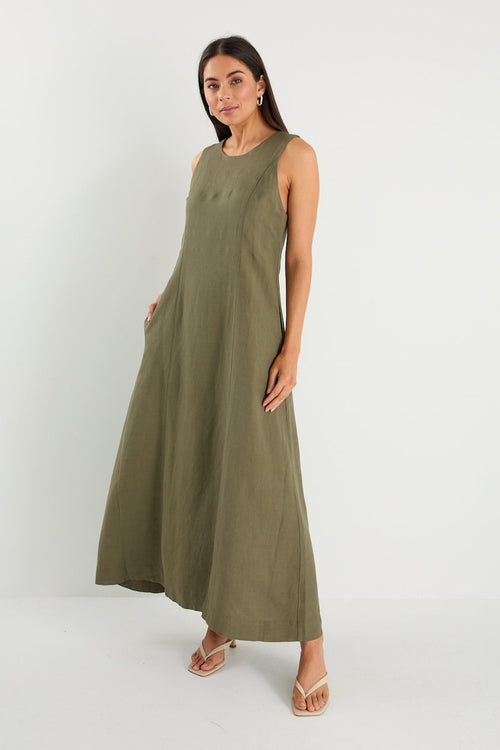 AKOEE Cotton Linen Tank Dress For Women With Pockets Scoop Neck Fashion Plus Size Summer Casual Midi Long Dress Large Khaki