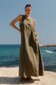 Easygoing Khaki Linen Blend Sleeveless Crew Neck Midi Dress