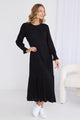 Effortless Black LS Shirred Tiered Midi Dress