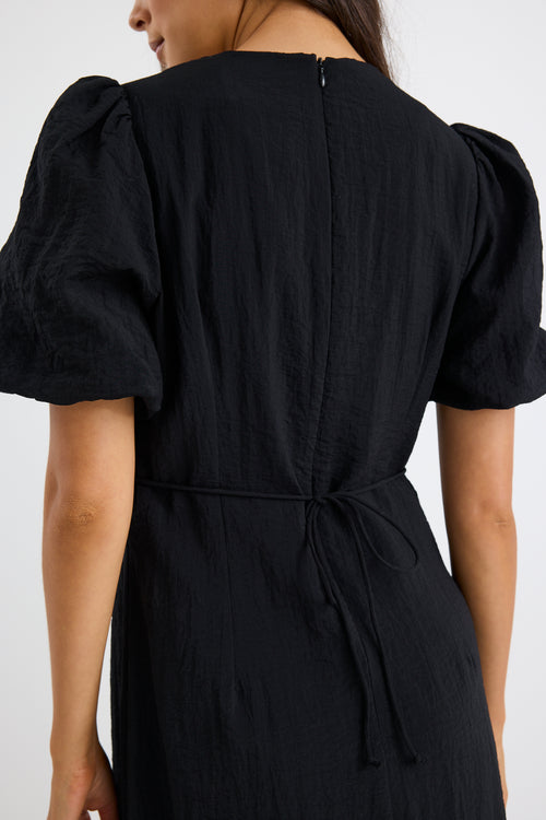 loft tie puff sleeve midi dress in black loft tie puff sleeve midi dress in black Black Puff Sleeve Midi Dress S