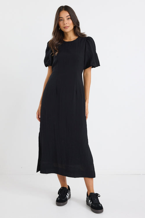 model wears a black puff sleeve midi dress