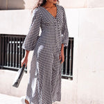 Elixir Navy Gingham LS Tie Front Maxi Dress