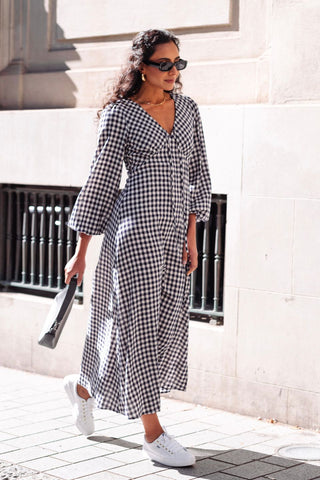 Elixir Navy Gingham LS Tie Front Maxi Dress