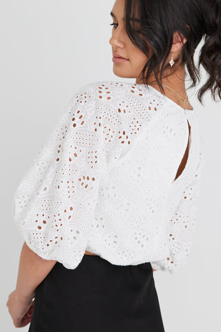 Embellish White Broidery Anglaise Cropped Puff Sleeve Top