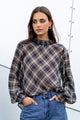 Embrace Black Check Chiffon Shirred Neck LS Top