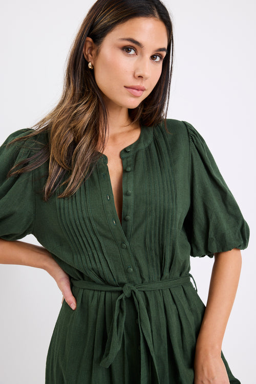 Shop Emotion Forest Puff Sleeve Pin Tuck Midi Shirt Dress | Flo & Fran Shop Emotion Forest Puff Sleeve Pin Tuck Midi Shirt Dress | Flo & Fran