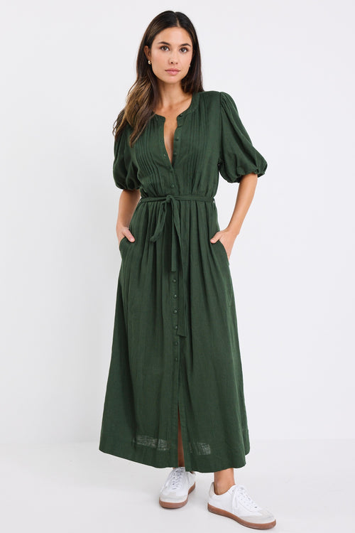 Shop Emotion Forest Puff Sleeve Pin Tuck Midi Shirt Dress | Flo & Fran Shop Emotion Forest Puff Sleeve Pin Tuck Midi Shirt Dress | Flo & Fran