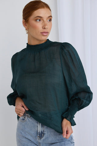 model wears a green long sleeve top