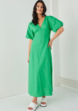 Empire Meadow Green Linen Cotton Puff Sleeve Midi Dress WW Dress Among the Brave   