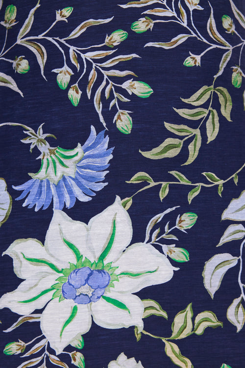 Floral pattern with blue and white flowers on a dark blue background