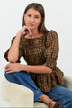 Enclasp Chocolate Caramel Check Shirred Body LS Top