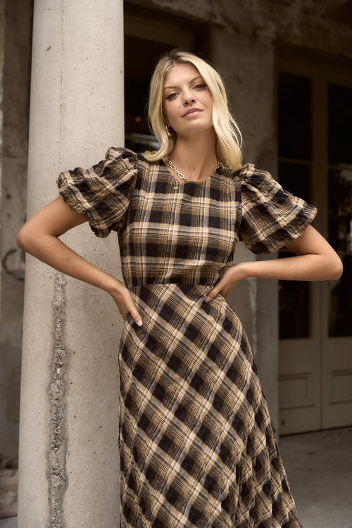 Shop Encore Caramel Check SS Bias Maxi Dress | Flo & Frankie Shop Encore Caramel Check SS Bias Maxi Dress | Flo & Frankie