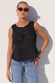 Encourage Black Linen Pintuck Front Boatneck Top