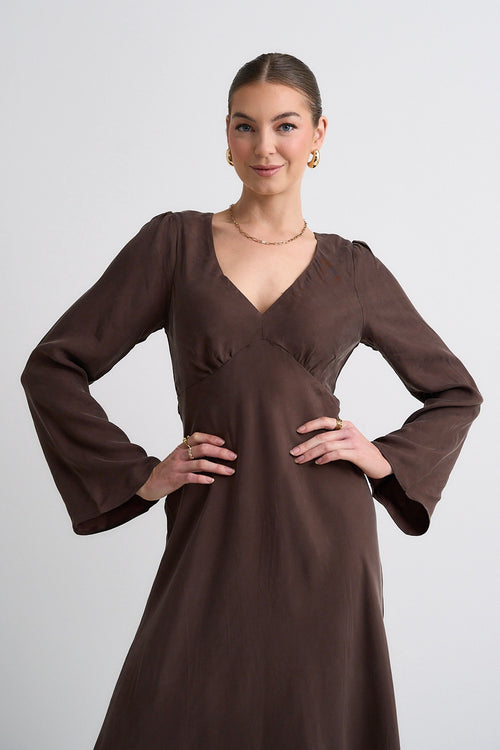 Model wears a brown maxi dress