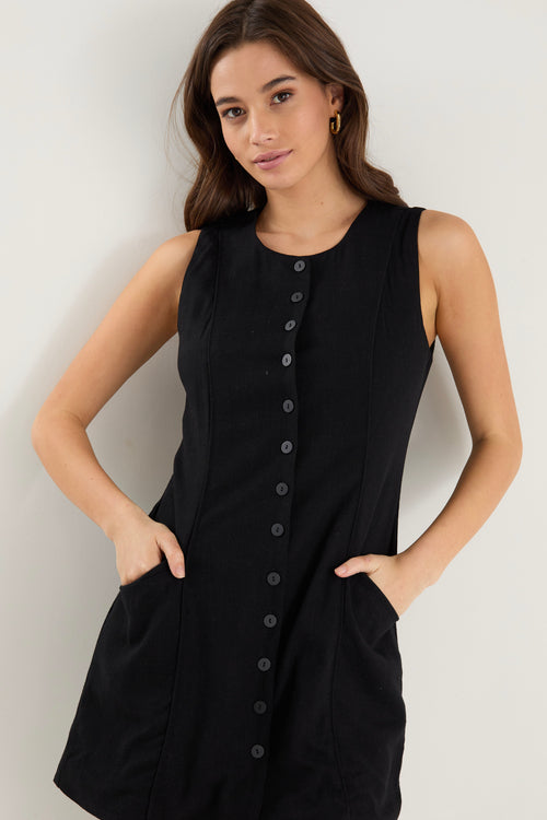 Shop Escape Black Linen Blend Mini Vest Dress | Flo & Frankie Shop Escape Black Linen Blend Mini Vest Dress | Flo & Frankie
