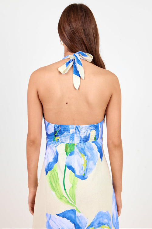A woman shown from the back wearing a halter dress with a blue and green floral print on a cream background, tied at the back of the neck, against a plain white studio background.