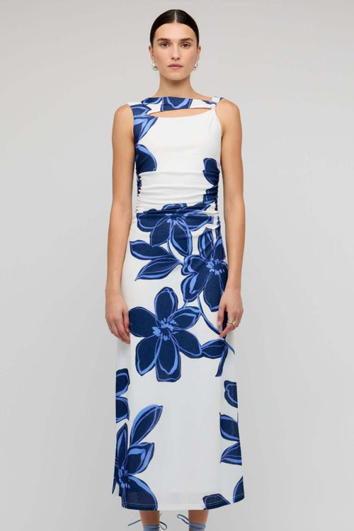 Shop Ethos Blue White Floral Cutout Sleeveless Mesh Midi Dress | Flo & Shop Ethos Blue White Floral Cutout Sleeveless Mesh Midi Dress | Flo &