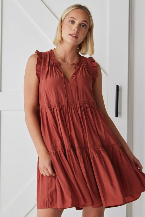 Etna Terracotta Tiered Summer Shift Mini Dress WW Dress By Rosa.   