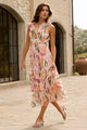 Everly Pink Abstract Print Flutter Sleeve Tiered Maxi Dress