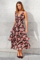 Evidently Chocolate Floral Flutter Sleeve Tiered Midi Dress