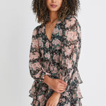 Evita Black Vintage Floral Ls V Neck Tiered Mini Dress WW Dress Ivy + Jack   