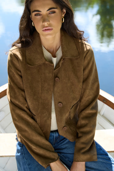 Exhibit Cinnamon Faux Suede Button Front Cropped Jacket