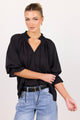 Expedition Black Self Stripe Shirred Neck Short Sleeve Top