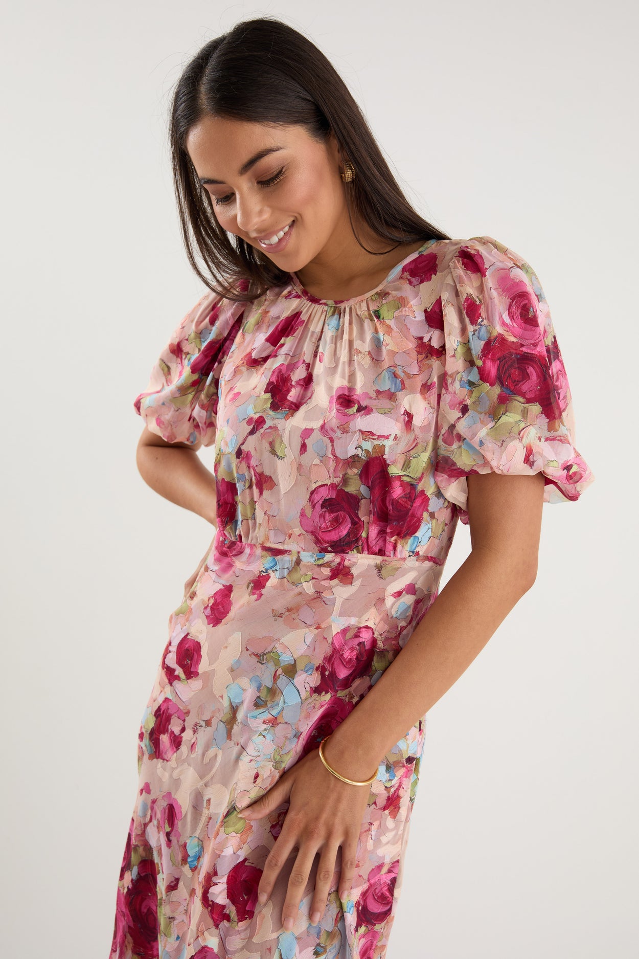 Shop Exquisite Painted Rose Puff Sleeve Midi Dress | Flo & Frankie