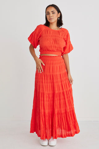 Charming Sunset Shirred Cotton Tiered Maxi Skirt