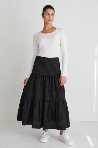 Blazing Charcoal Gingham Tiered Midi Skirt