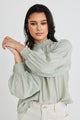 Embrace Sage Crinkle LS High Neck Shirred Puff Sleeve Top