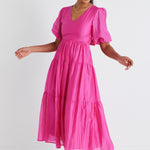 Musical Hot Pink Tie Back Puff Sleeve Maxi Dress