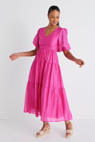 Musical Hot Pink Tie Back Puff Sleeve Maxi Dress