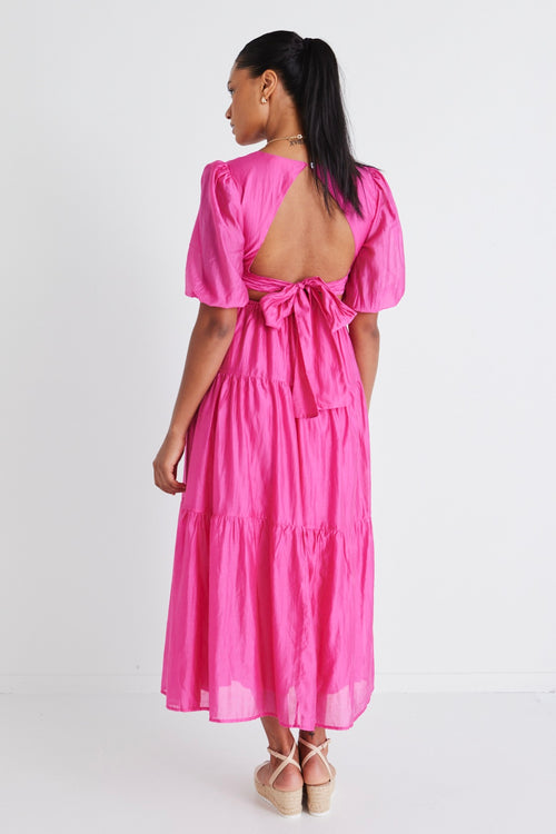 Flutter Sleeve Maxi Dress in Hot Pink