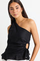 Fairytale Black Linen One Shoulder Cutout Top