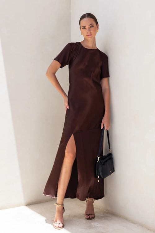 Shop Falling In Love Chocolate SS Satin Maxi Dress | Flo & Frankie Shop Falling In Love Chocolate SS Satin Maxi Dress | Flo & Frankie