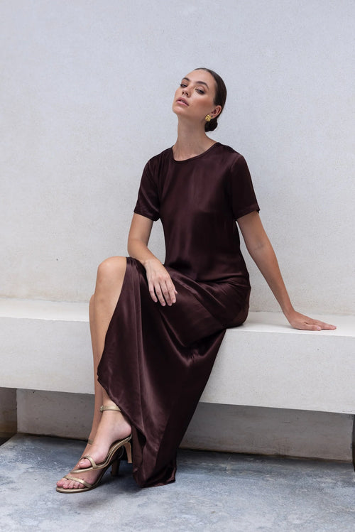 Shop Falling In Love Chocolate SS Satin Maxi Dress | Flo & Frankie Shop Falling In Love Chocolate SS Satin Maxi Dress | Flo & Frankie